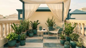 Une terrasse ensoleillée avec une pergola, une chaise et de nombreuses plantes vertes en pot sur un sol en damier.