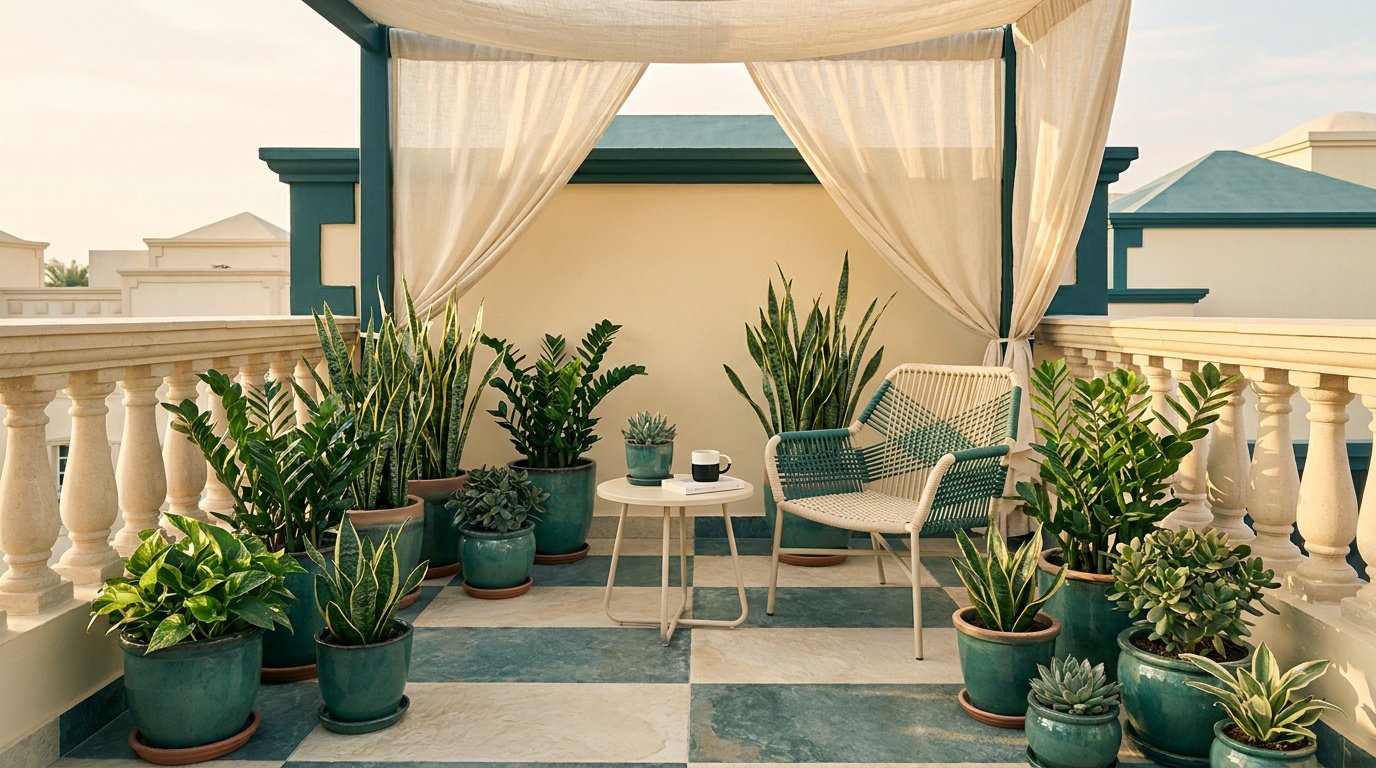 Une terrasse ensoleillée avec une pergola, une chaise et de nombreuses plantes vertes en pot sur un sol en damier.