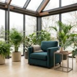 Fauteuil bleu pétrole entouré de plantes vertes dans une véranda moderne avec vue sur un jardin d'hiver.