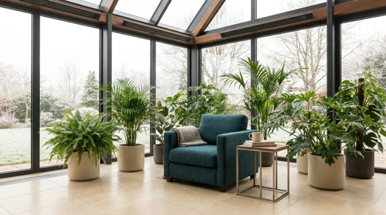 Fauteuil bleu pétrole entouré de plantes vertes dans une véranda moderne avec vue sur un jardin d'hiver.