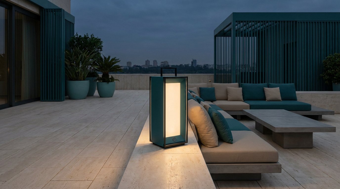 Une lanterne moderne bleu pétrole éclaire une terrasse chic au crépuscule avec un salon extérieur et une vue urbaine.