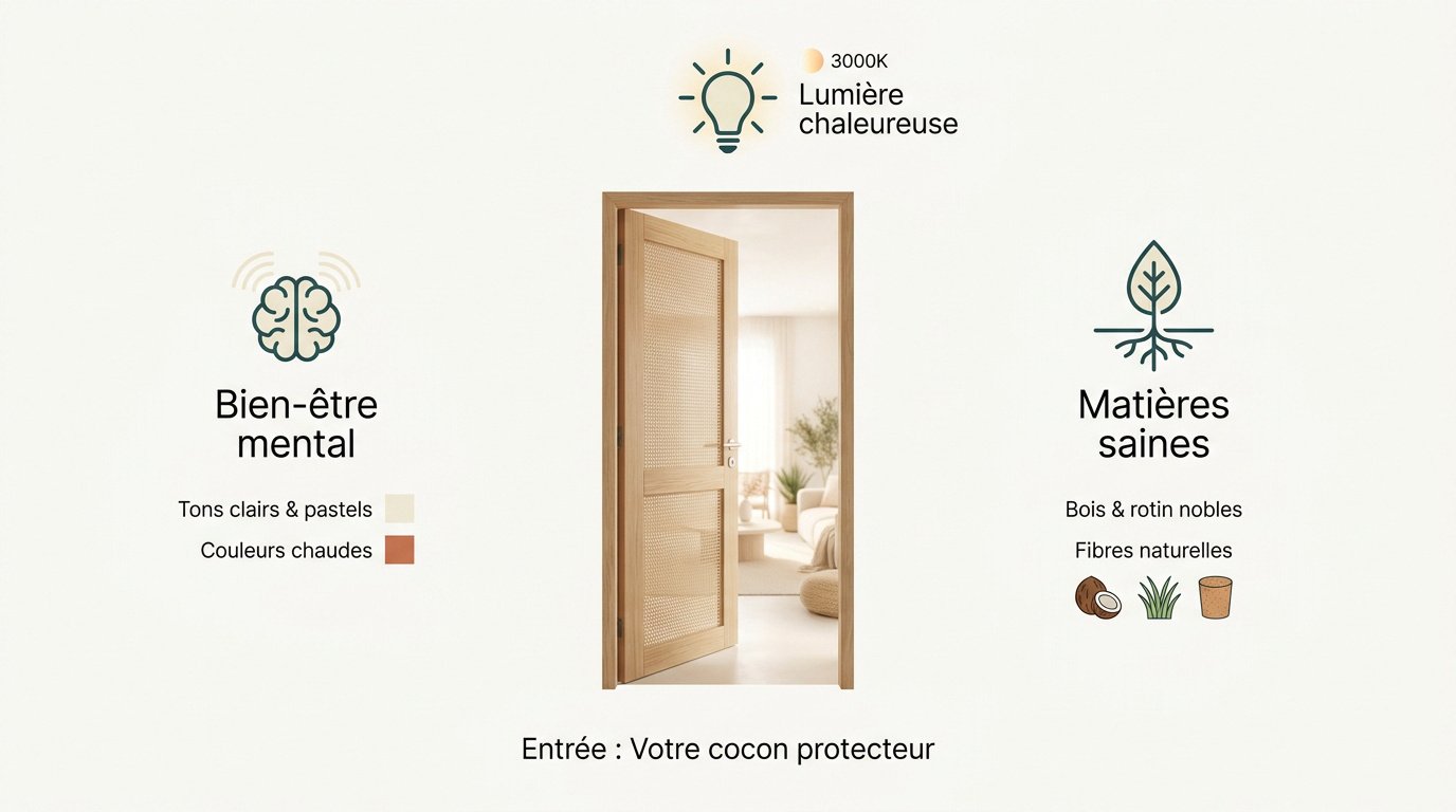 Entrée accueillante maison avec mobilier en bois naturel et plantes vertes