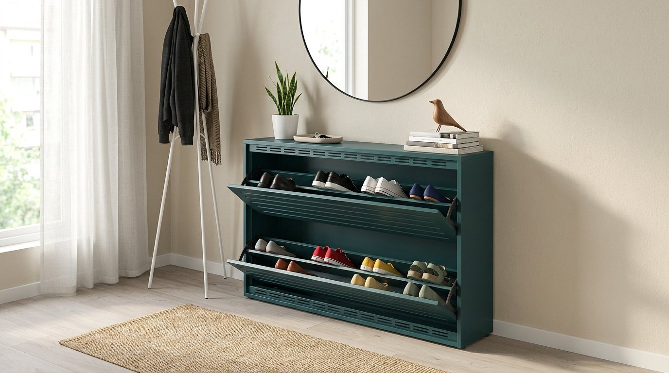 Meuble à chaussures moderne vert foncé à deux compartiments dans une entrée lumineuse et épurée.