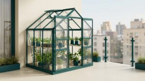 Une petite serre de jardin verte installée sur un balcon urbain avec des plantes en pot à l'intérieur.