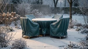 Table et chaises de jardin recouvertes de bâches de protection vertes sous la neige dans un jardin d'hiver.