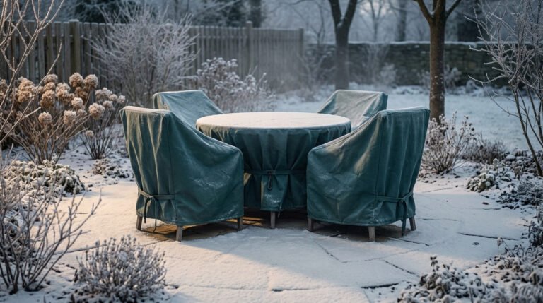 Table et chaises de jardin recouvertes de bâches de protection vertes sous la neige dans un jardin d'hiver.