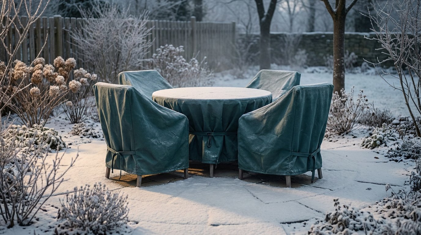 Table et chaises de jardin recouvertes de bâches de protection vertes sous la neige dans un jardin d'hiver.