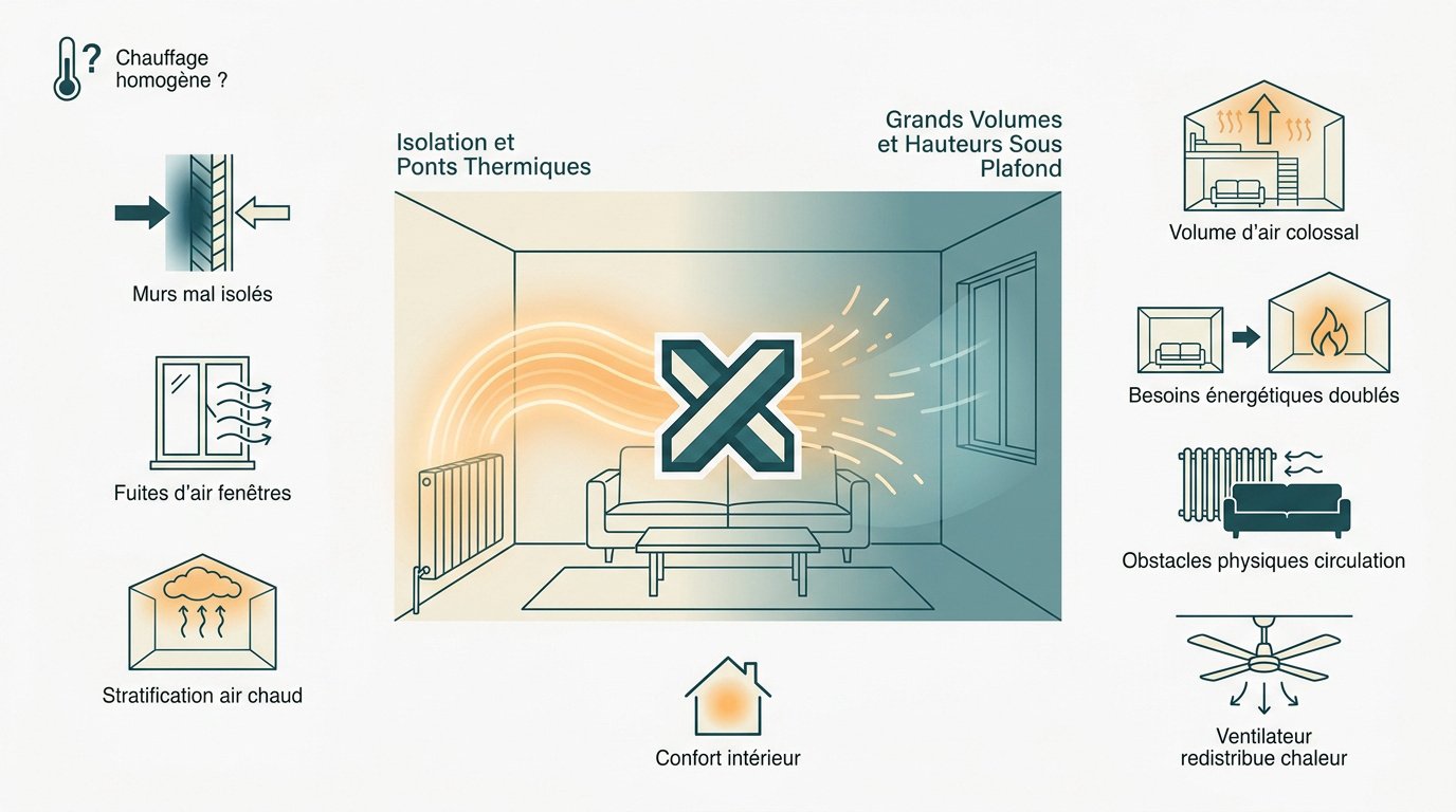 Schéma des déperditions thermiques et obstacles à la chaleur dans un salon
