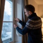 Pose d’un joint d’isolation sur une fenêtre en hiver