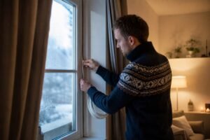 Pose d’un joint d’isolation sur une fenêtre en hiver