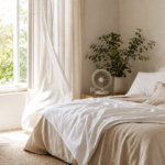 Chambre d’été lumineuse avec linge léger et ventilation douce