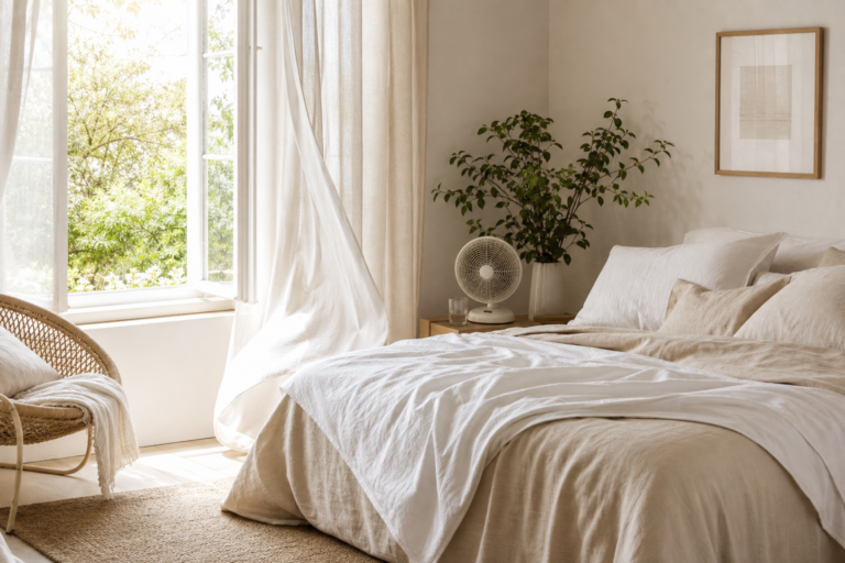 Chambre d’été lumineuse avec linge léger et ventilation douce