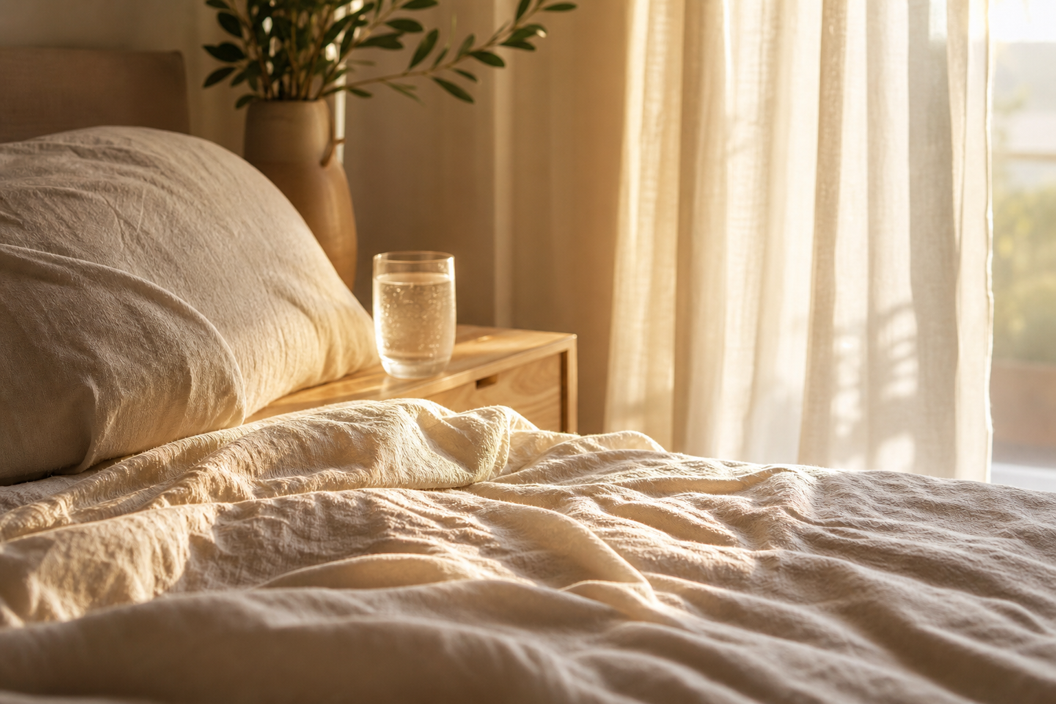 Draps légers et verre d’eau dans une chambre d’été