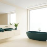 Salle de bain minimaliste aux tons beiges avec une baignoire et une vasque vert foncé, baignée de lumière naturelle.