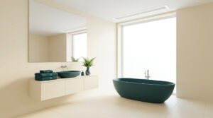 Salle de bain minimaliste aux tons beiges avec une baignoire et une vasque vert foncé, baignée de lumière naturelle.