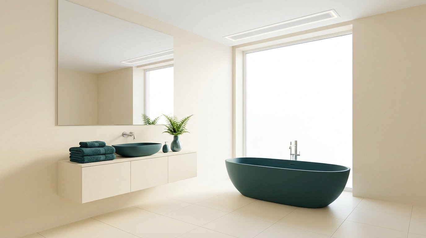 Salle de bain minimaliste aux tons beiges avec une baignoire et une vasque vert foncé, baignée de lumière naturelle.