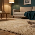 Personne en chaussettes assise sur un tapis shaggy beige dans un salon cosy avec éclairage tamisé.