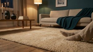 Personne en chaussettes assise sur un tapis shaggy beige dans un salon cosy avec éclairage tamisé.