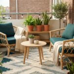 Salon de jardin en rotin avec coussins vert sapin et nombreuses plantes sur un balcon décoré.