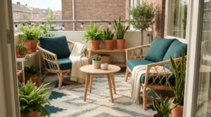 Salon de jardin en rotin avec coussins vert sapin et nombreuses plantes sur un balcon décoré.