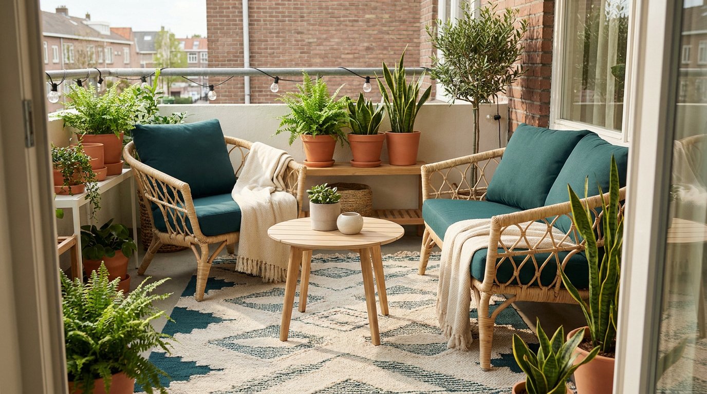 Salon de jardin en rotin avec coussins vert sapin et nombreuses plantes sur un balcon décoré.