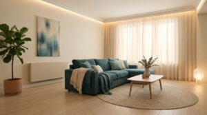 Salon moderne avec canapé bleu, radiateur mural discret et éclairage chaleureux.