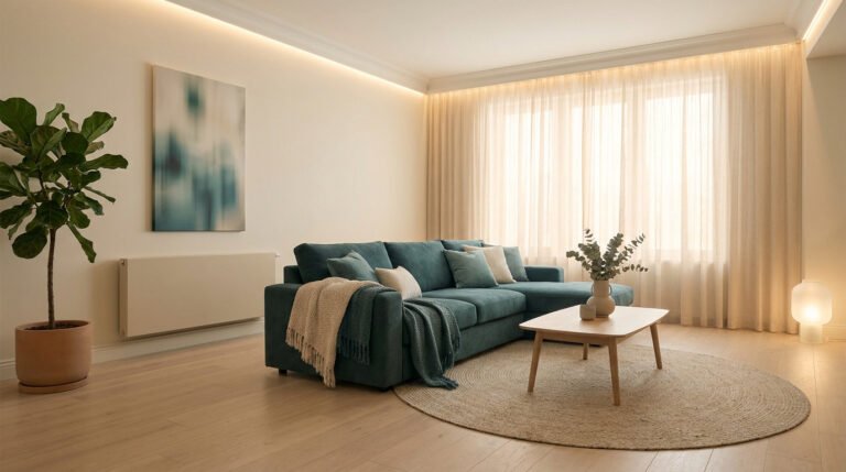 Salon moderne avec canapé bleu, radiateur mural discret et éclairage chaleureux.
