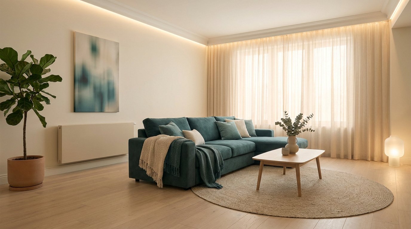 Salon moderne avec canapé bleu, radiateur mural discret et éclairage chaleureux.