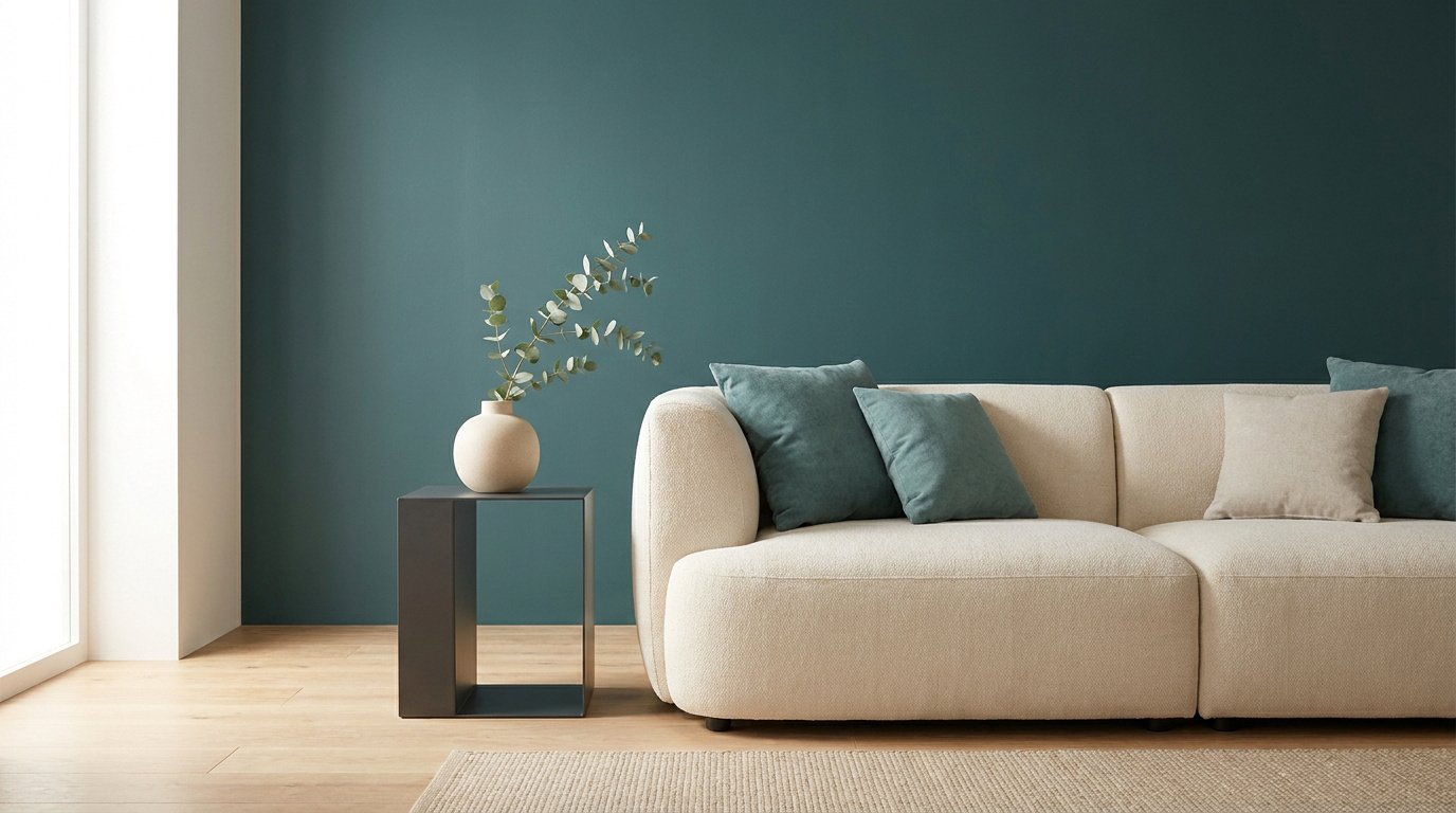 Un salon minimaliste avec un canapé crème, des coussins bleu pétrole et un mur de la même couleur apaisante.