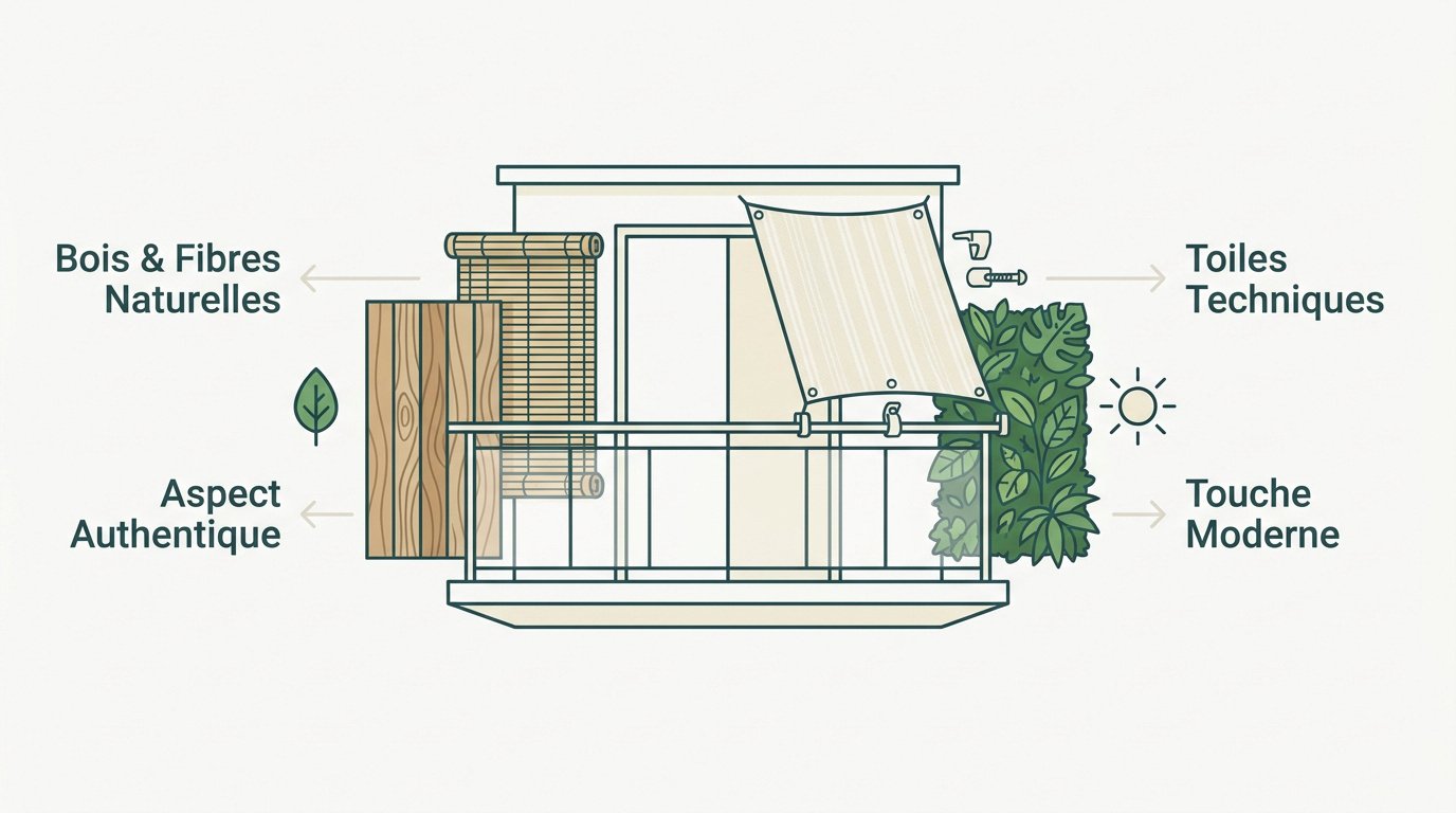 Installation d'un brise vue balcon cosy en fibres naturelles et toiles modernes