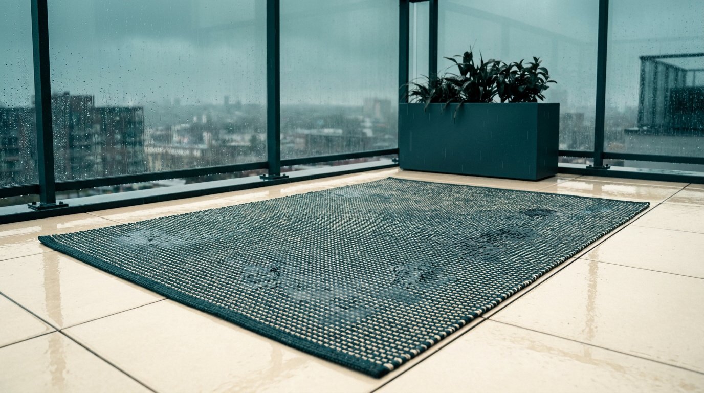 Tapis sombre texturé sur un balcon carrelé humide sous une pluie légère avec une jardinière en arrière-plan.