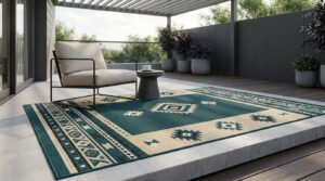 Tapis d'extérieur à motifs géométriques bleu et beige sur une terrasse moderne avec fauteuil et plantes.