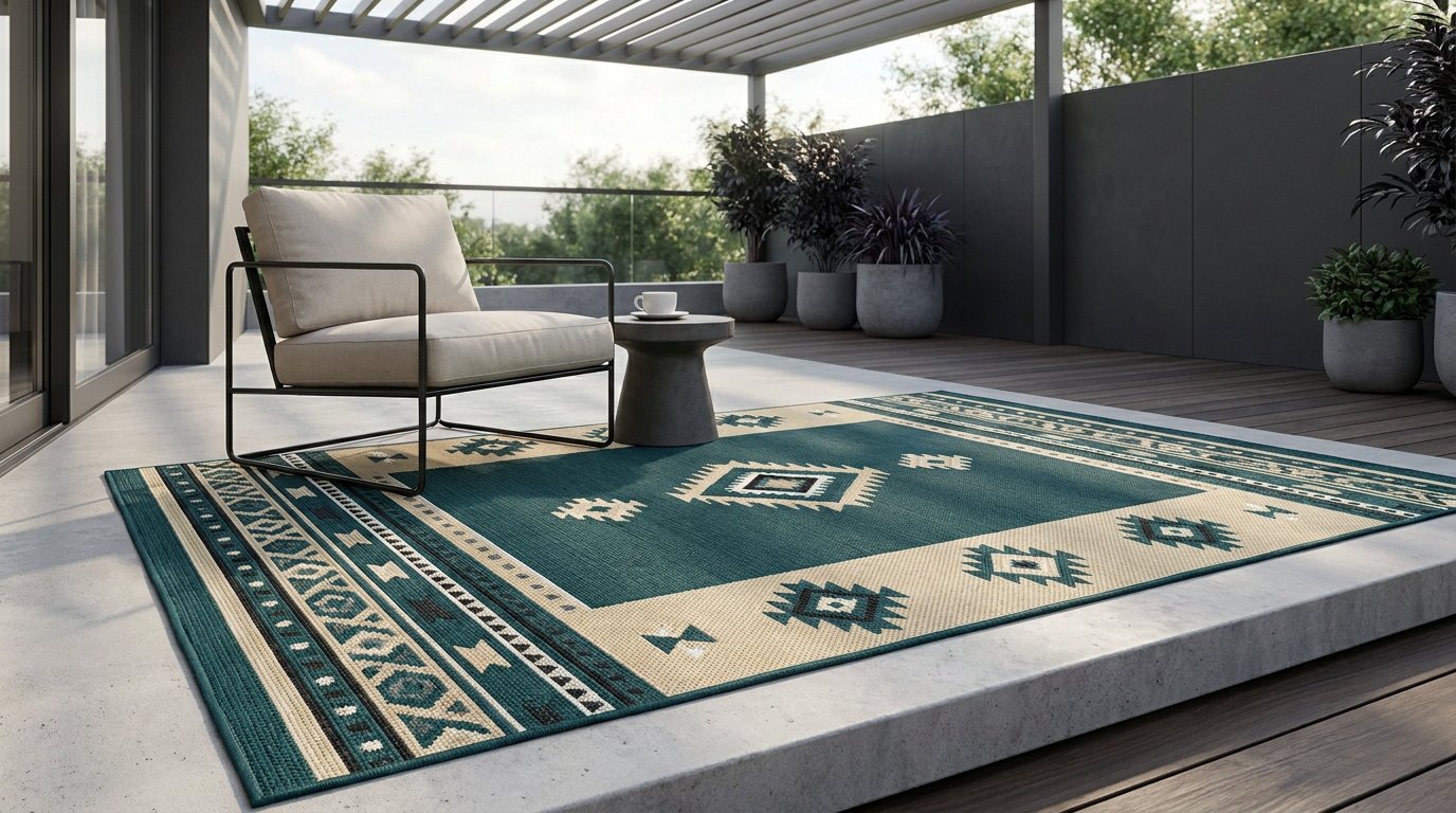Tapis d'extérieur à motifs géométriques bleu et beige sur une terrasse moderne avec fauteuil et plantes.