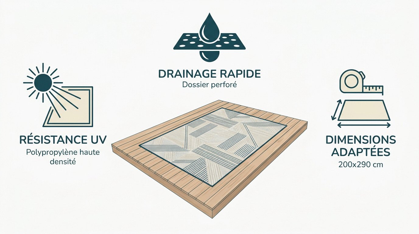 Tapis extérieur en polypropylène gris sur une terrasse moderne avec mobilier de jardin