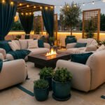 Salon de jardin avec canapés beiges, plaids bleu canard et brasero sur une terrasse illuminée en soirée.