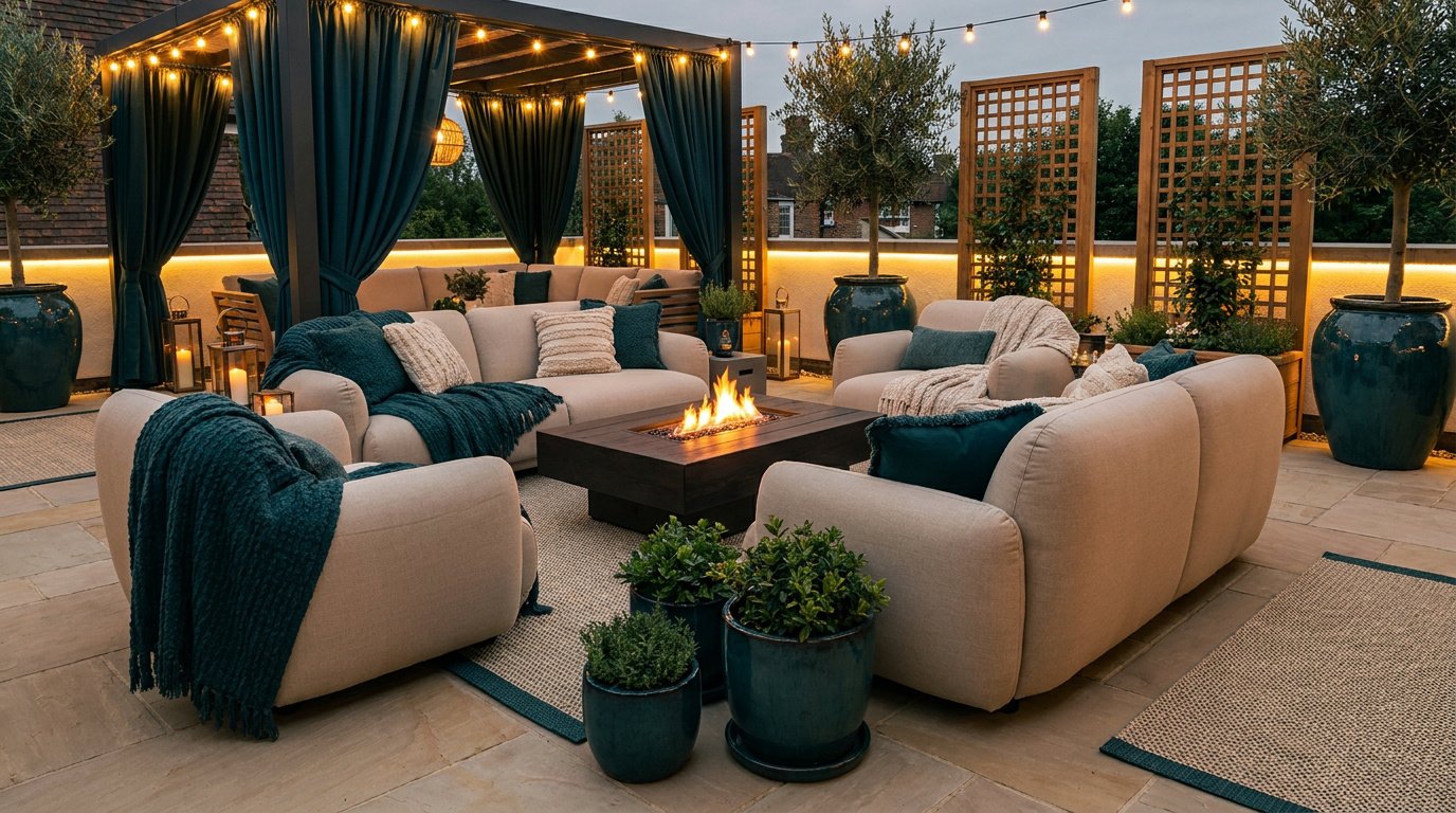 Salon de jardin avec canapés beiges, plaids bleu canard et brasero sur une terrasse illuminée en soirée.