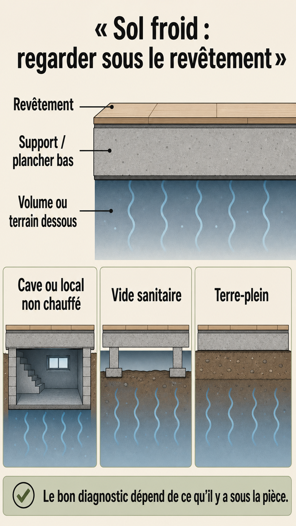 Couches à observer sous un sol froid : revêtement, plancher bas et volume inférieur