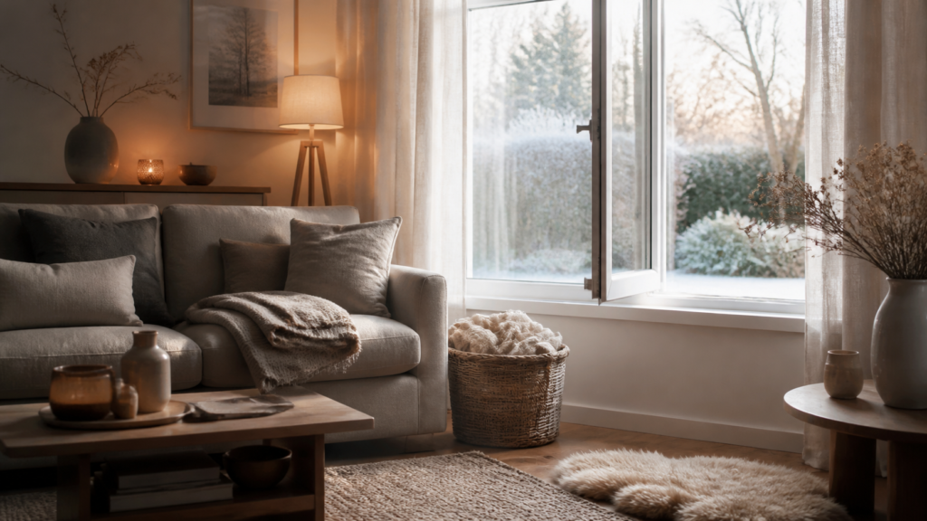 Salon hivernal chaleureux avec une fenêtre légèrement ouverte pour renouveler l'air