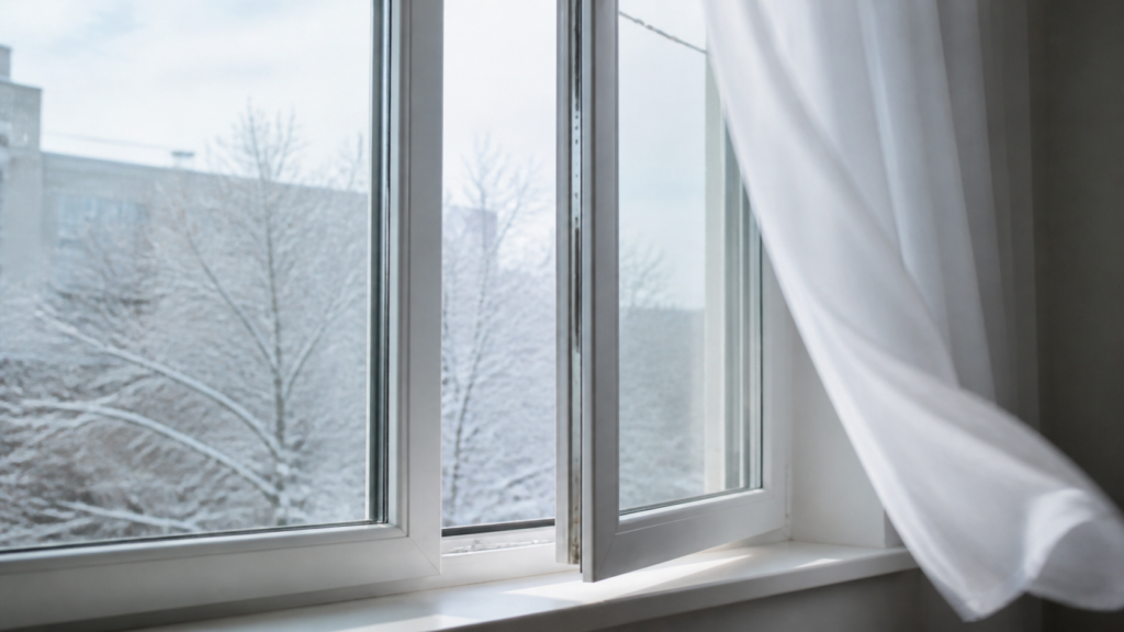 Fenêtre grande ouverte dans une pièce en hiver pour aérer quelques minutes sans tout refroidir