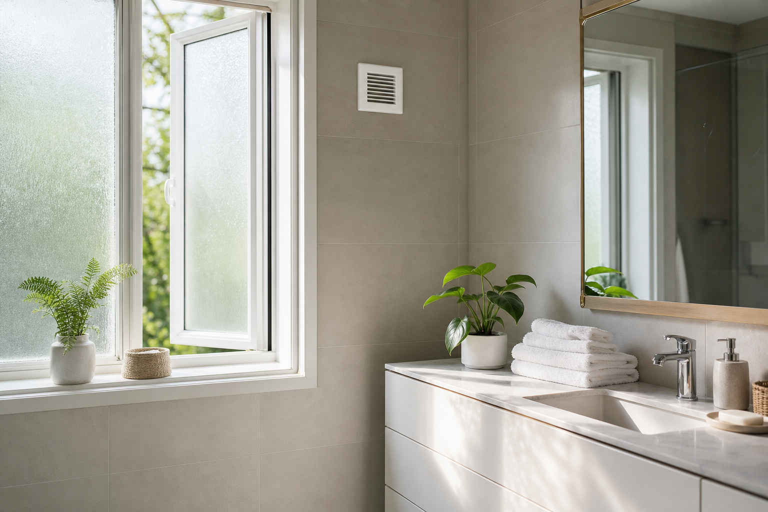 salle de bain claire avec fenêtre ouverte et plantes