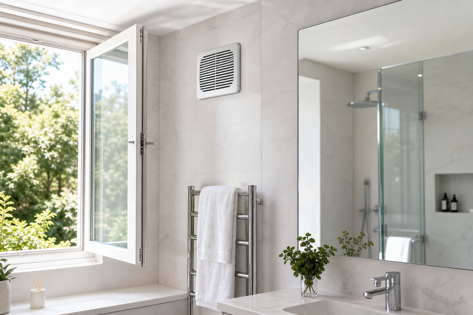 salle de bain lumineuse avec fenêtre ouverte et serviette