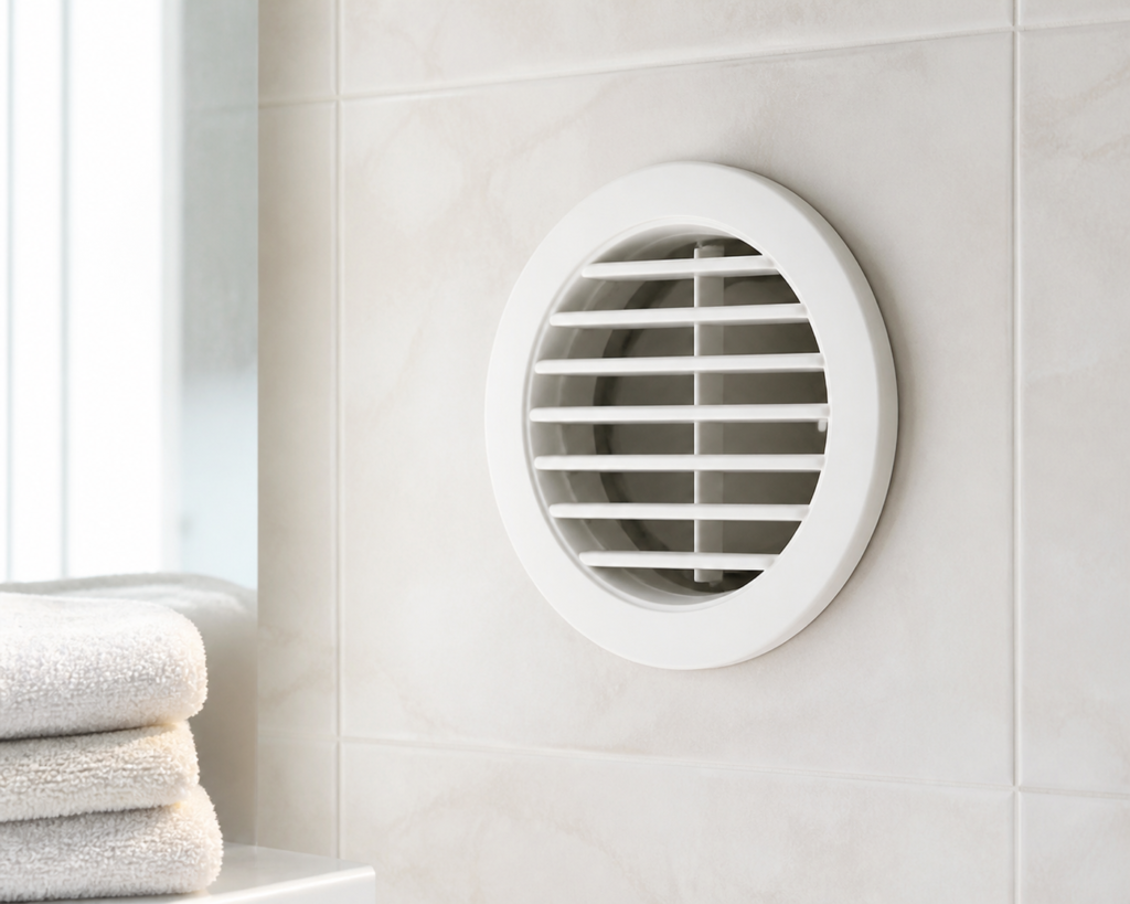Grille de ventilation ronde sur le mur carrelé d'une salle de bain claire