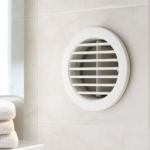 Grille de ventilation ronde sur le mur carrelé d'une salle de bain claire