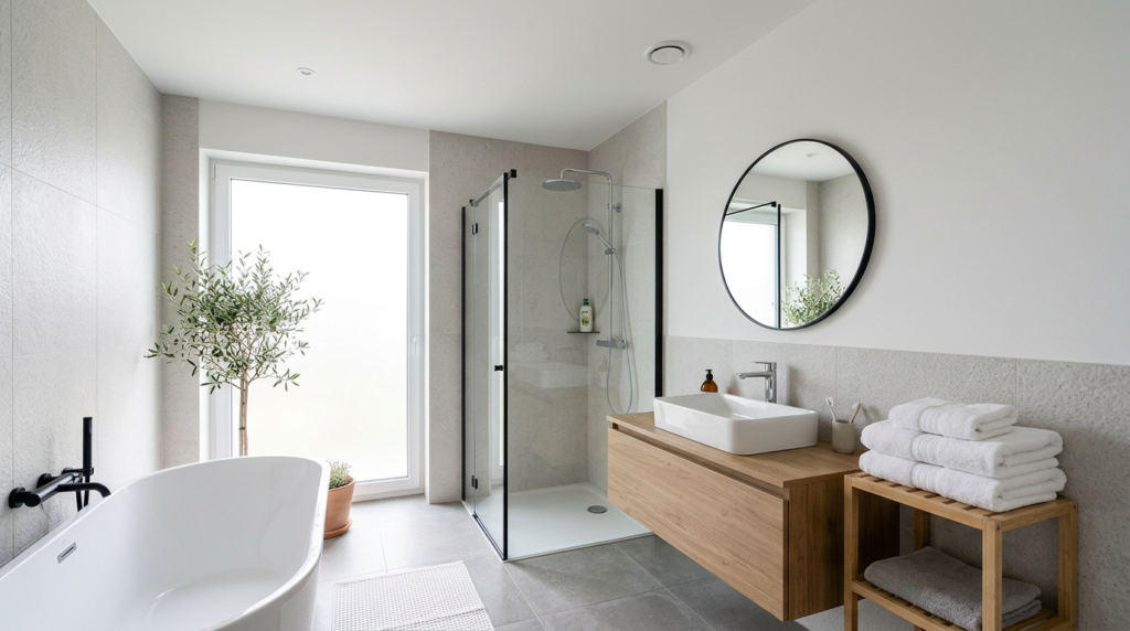 Salle de bain moderne avec une bouche de VMC discrète au plafond