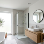 Salle de bain moderne avec une bouche de VMC discrète au plafond