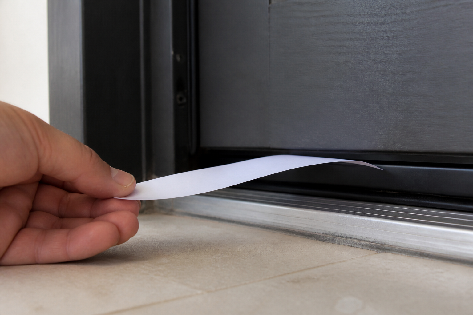 Test avec une bande de papier pour repérer un courant d’air sous une porte d’entrée