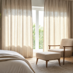 Chambre lumineuse avec rideaux beiges filtrants, fauteuil, pouf, lit et plante verte.