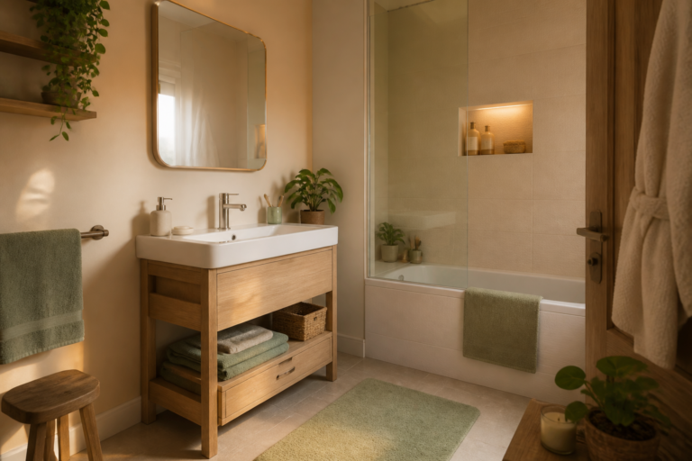 Petite salle de bain claire à l'éclairage chaud avec une serviette éponge, une plante verte et un tapis de bain doux au sol