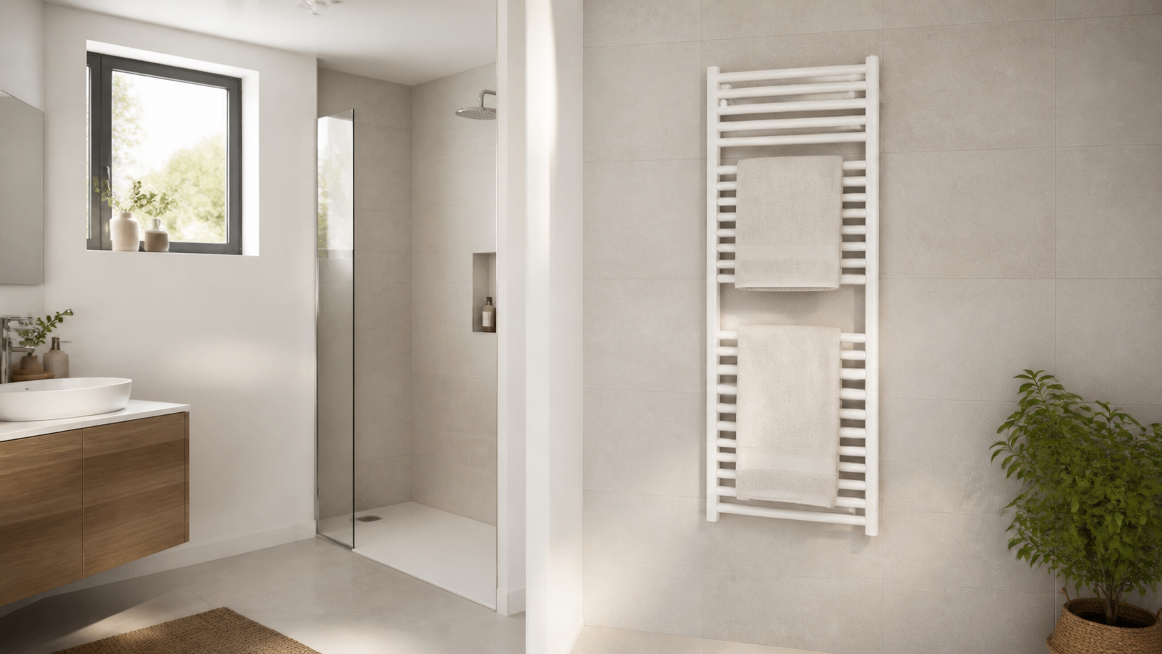 Sèche-serviettes mural dans une salle de bains claire, serviettes pliées sur les barreaux
