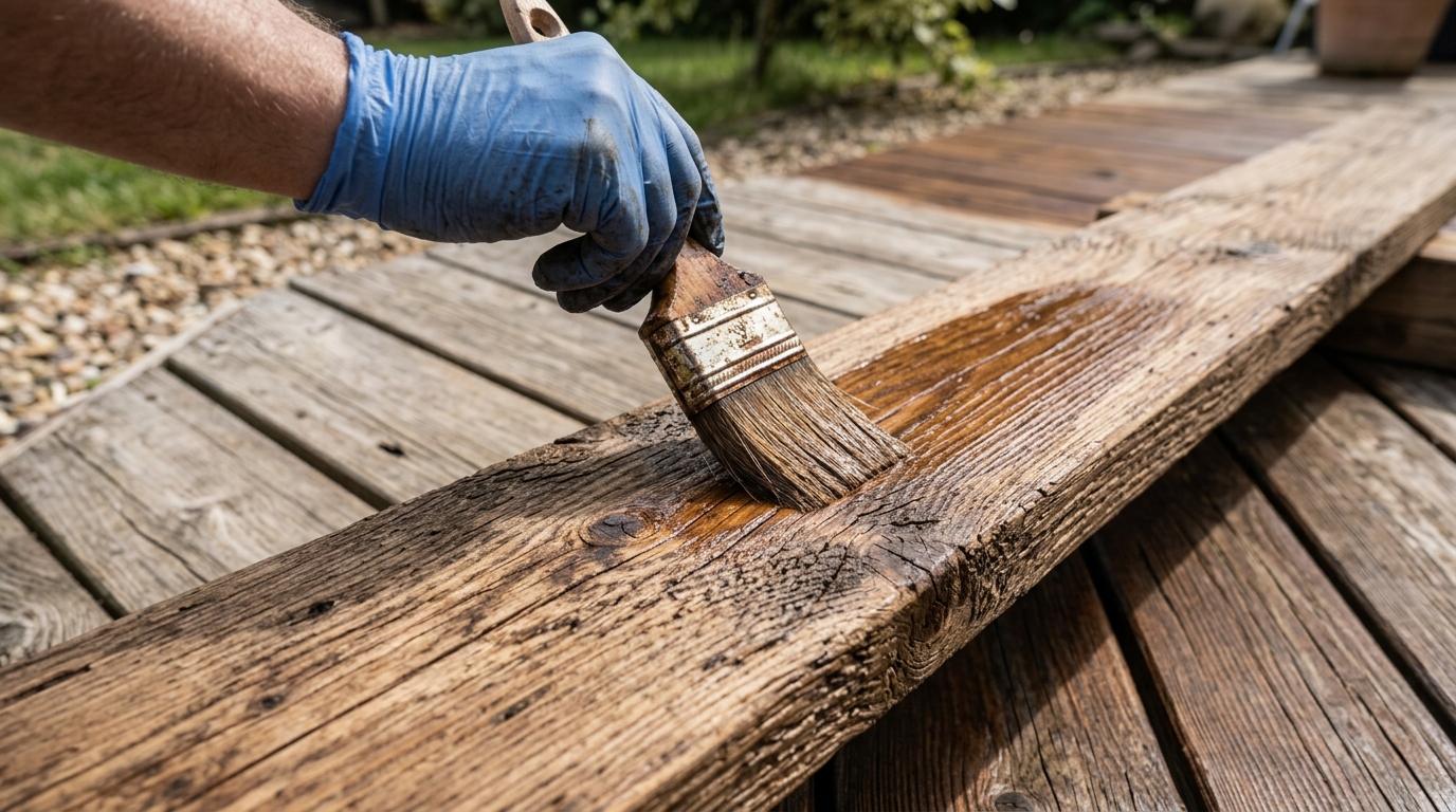 Main gantée appliquant une lasure sur une lame de terrasse en bois avec un pinceau
